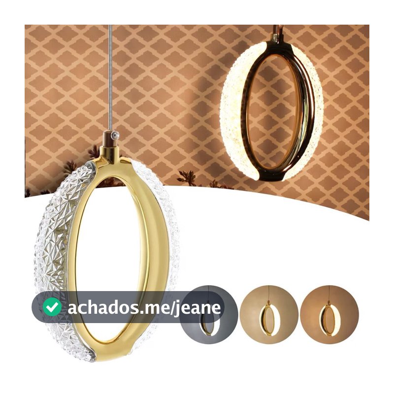 Luminaria Pendente Cristal Oval Dourado Moderno Led 3 Cor de Luz Fio Ajustavel pd1107