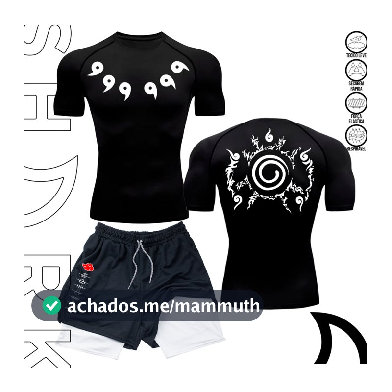 Kit Camiseta Compressao E Short 2 Em 1 Esportivo Treino Naruto Anime Simbolos Manga Secagem Rapida