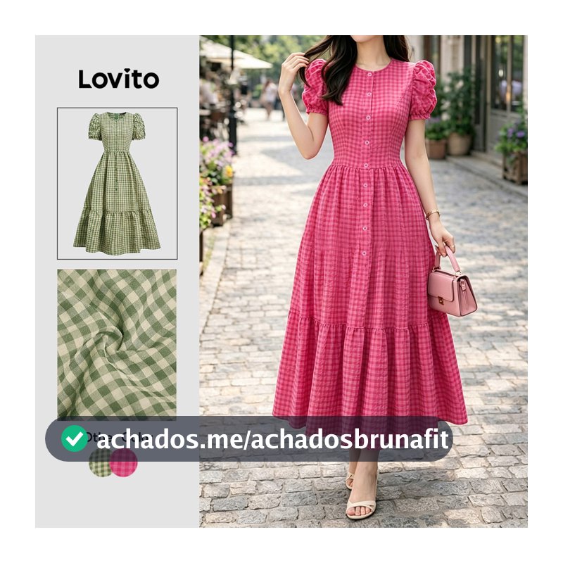 Lovito Padrão de Vestido Casual com Botão Primavera/verão Vestido Rosa Vermelho para mulheres L196ED128