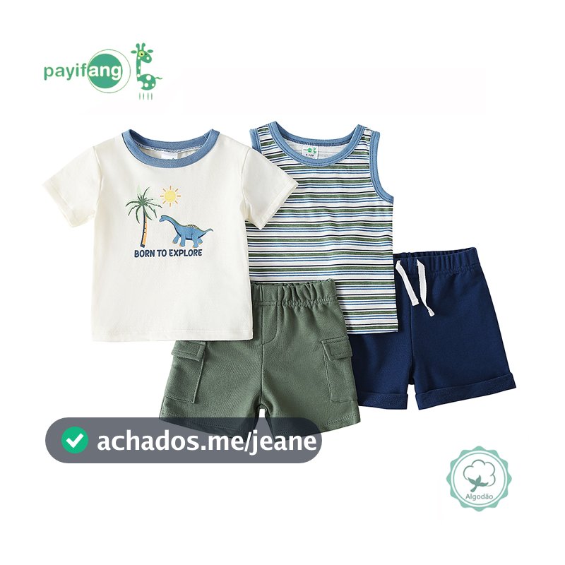 Kit 4 Peças Conjunto Verão Bebê Menino 60% Algodão 40% Poliéster Camiseta Dinossauro + Regata Listrada + Dois Shorts