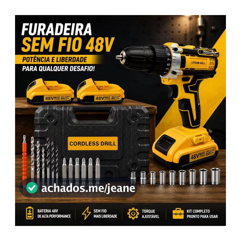 Parafusadeira Furadeira Sem Fio 48V - Bivolt, 2 OU 1 Bateria, Kit Completo, Maleta de Transporte OU caixa de papelão