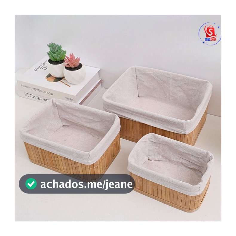 3 Cestos Organizador De Bambu Multiuso Com Forro De Cozinha Banheiro Quarto Maquiagem
