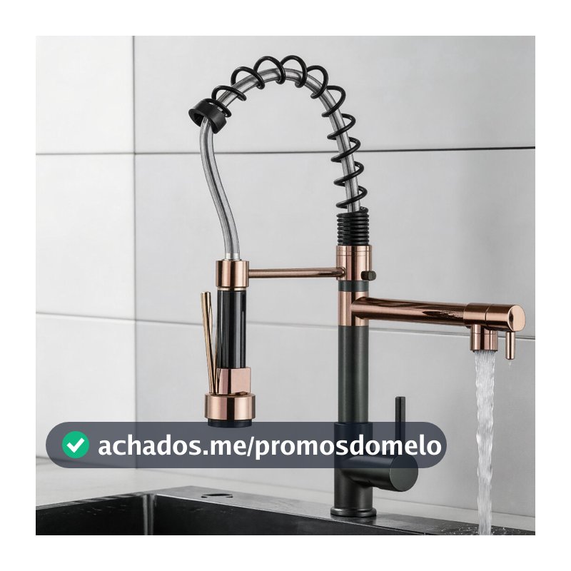 Torneira de Cozinha de Bancada Mola Retrátil Aço Inox 304 Cromada Monocomando Água Fria e Quente Spray 360°