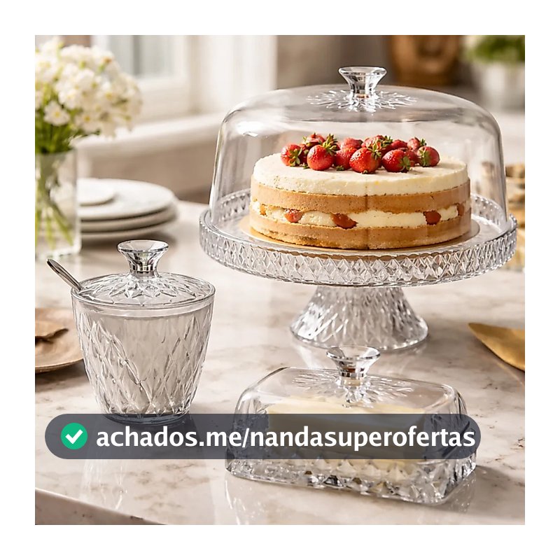 Kit Boleira Açucareiro Manteigueira Porta Bolo Açucar Manteiga Mesa Posta Glamour 3 peças