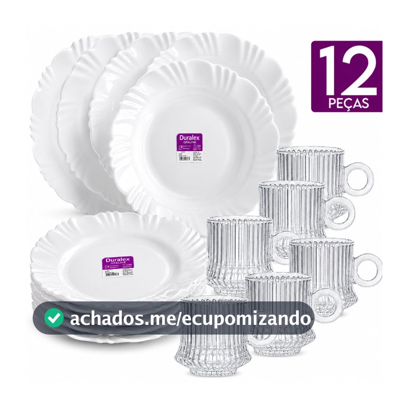 Kit 12 Peças Duralex Opaline 6 Pratos Petala Fundo Vidro Branco e 6 Xícaras Robust Canelada Buffet