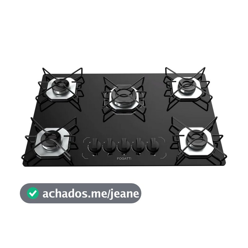 Fogão Cooktop Fogatti à Gás FGT 5 Bocas Vidro Preto Flange Inox Bivolt - Acendimento Automático
