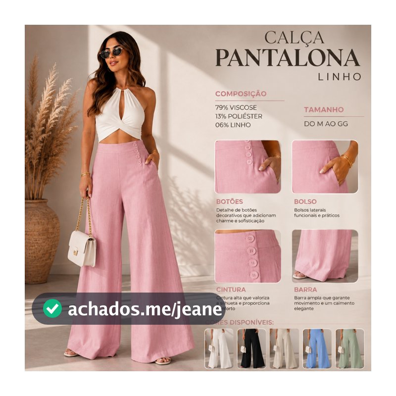 Calça Pantalona Feminina Linho Marrante Com Botões Cós Anatômico Boca de Sino para Eventos 888