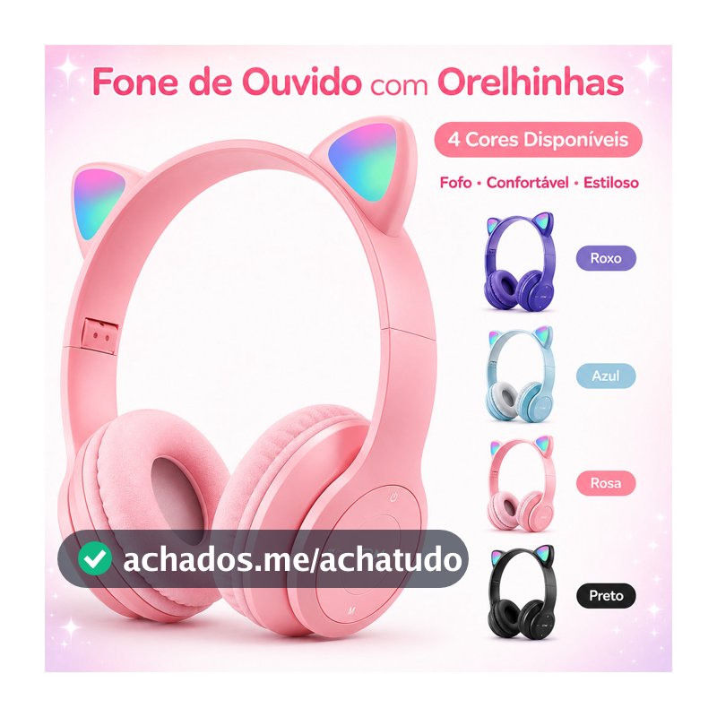 Fone de ouvido Bluetooth sem fio Infantil Orelha Gatinho, com redução de ruído e LED colorido