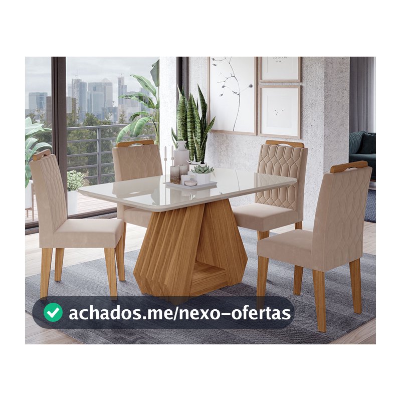 Conjunto Sala de Jantar Ágata Tampo em MDF e Vidro Com 4 Cadeiras Paola Cimol