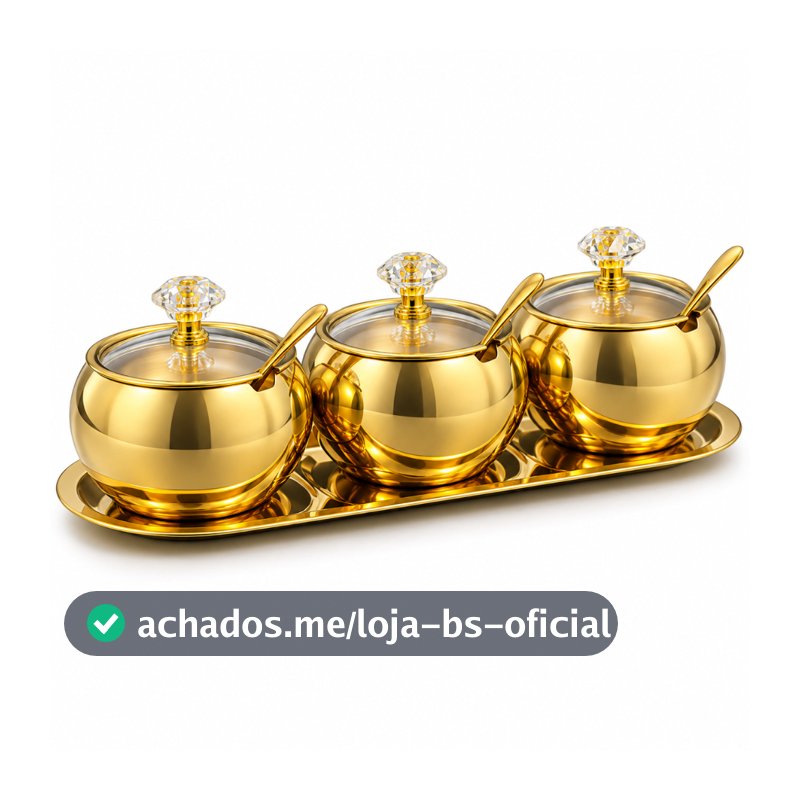 Kit 3 potes Açucareiro Luxuoso porta Condimentos Aço Inox - 304 Dourado Elegante