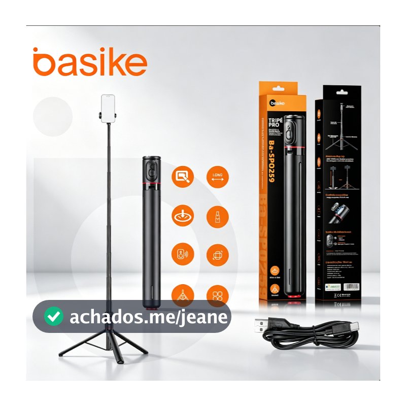 Bastão de Selfie com Tripé para Celular BASIKE – Pop-up Automático, Bluetooth, 177cm, Rotação 360°