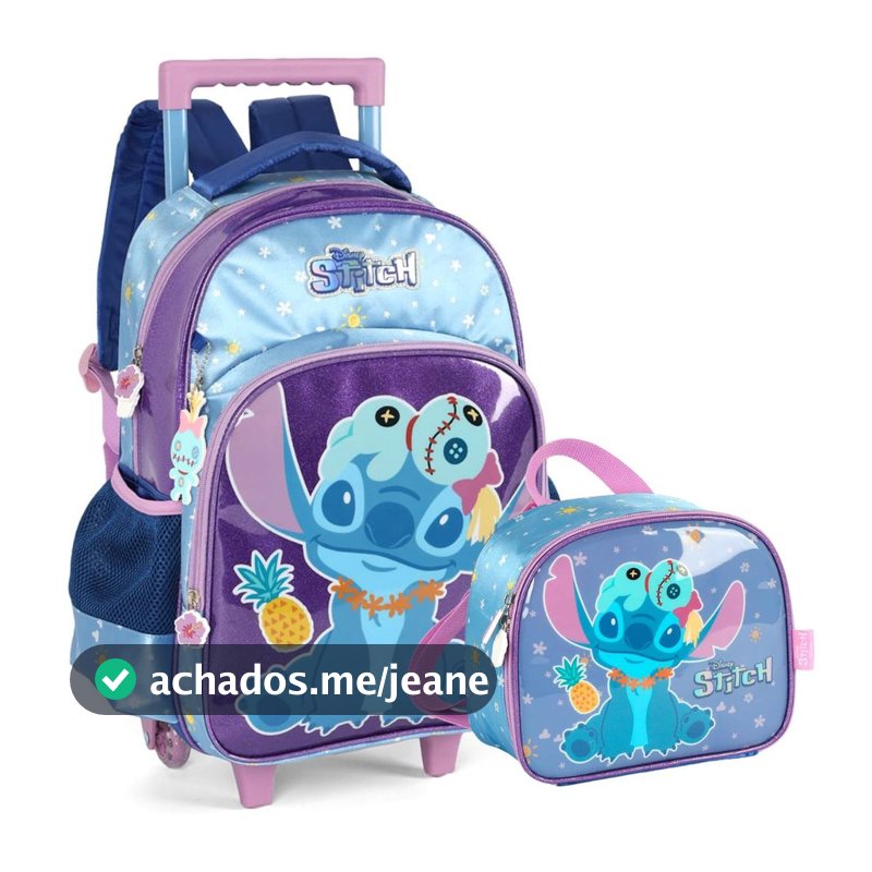 Kit Mochila Rodinhas Infantil Lancheira Escolar Stitch Scrump Disney Violeta Luxcel