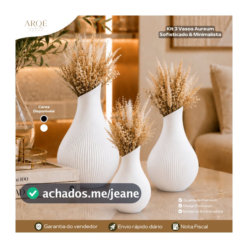 Kit 3 Vasos Aureum Arqé Decor Luxo Decorativo Sofisticado Minimalista Moderno Elegante para Sala Quarto e Escritório