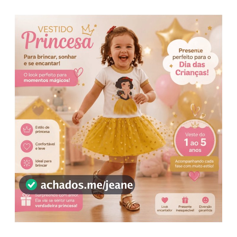 Vestido Princesa Brilho Tule Dourado Branca de Neve Gola Manga Curta Punho Verão Fantasia Festa