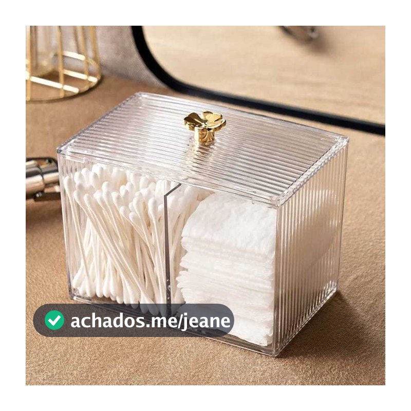Organizador De Cosméticos Multiuso Porta Algodão Cotonete Duplo Com Tampa Dourada Acrílico Resistente