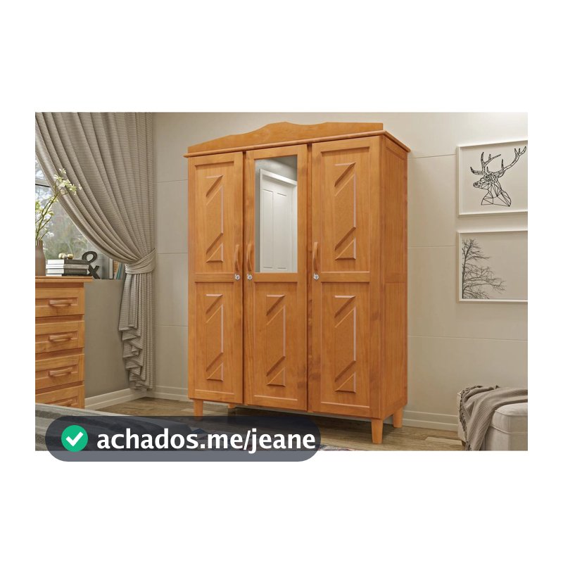 Guarda-Roupa Solteiro 3 Portas 3 Gavetas com Espelho Madeira Maciça Brasil Marrom/Mel Freijó