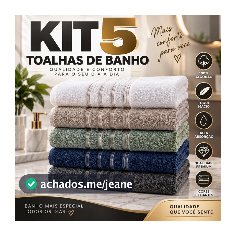 Kit 5 Toalha De Banho Royal Gold 70x130 Grande e Grossa 100% Algodão Premium Excelente Absorção