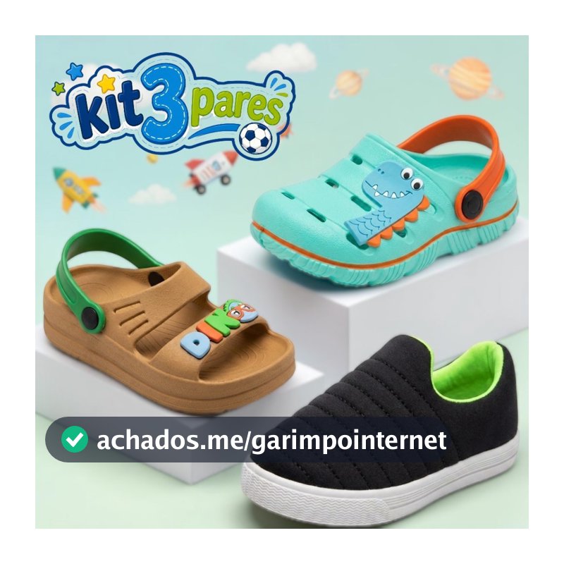Kit 3 Pares Menino Infantil Babuche Tênis Calce Facil Confortável