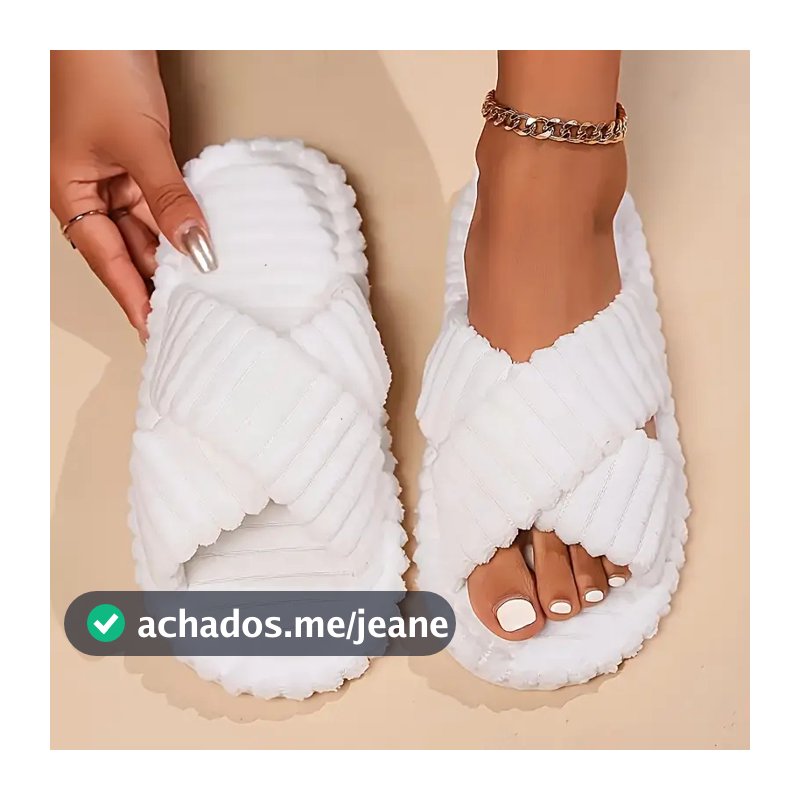 Chinelos de Pelúcia Veludo BRANCO com Tiras Cruzadas, Confortáveis e na Moda para Inverno, Ideais para Casais TAM 36