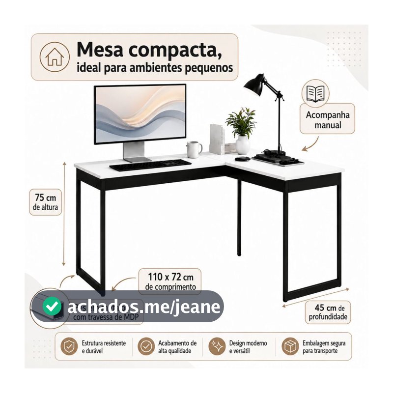 Mesa Escritório em L Escrivaninha Industrial de canto Premium com Base Aço Preto Acabamento Moderno