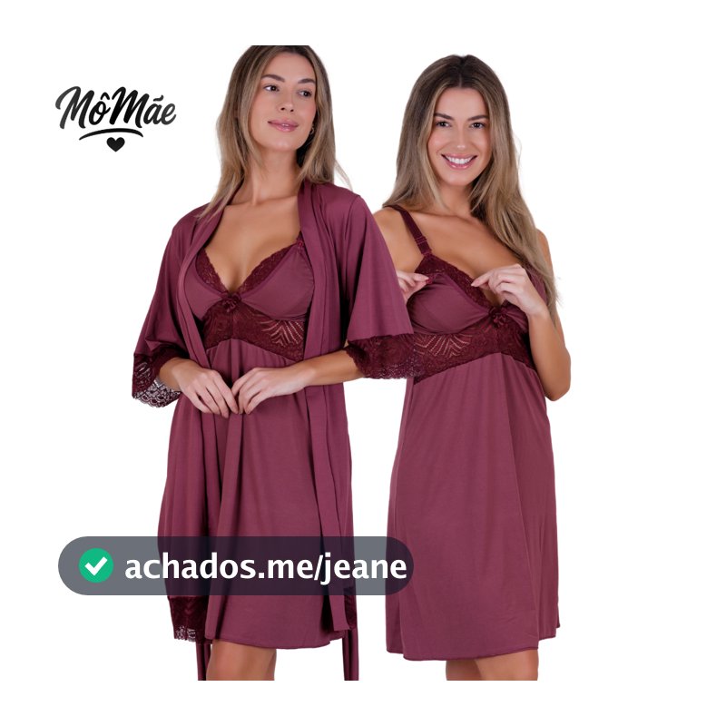 Kit Camisola Amamentação Abre Fácil Sem Bojo + Robe Com Faixa e Renda Conforto Conjunto Saída de Maternidade