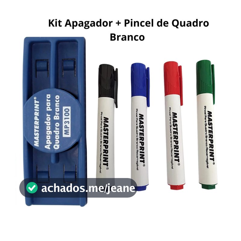 Kit Pincel Para Quadro Branco Recarregável 2 Cores Diversas e Apagador Quadro Branco Masterprint