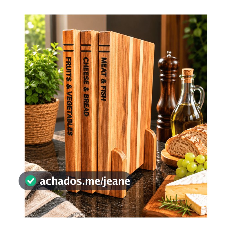 Tabua de Carne de Madeira em Formato de Livro 3 Peças e Base