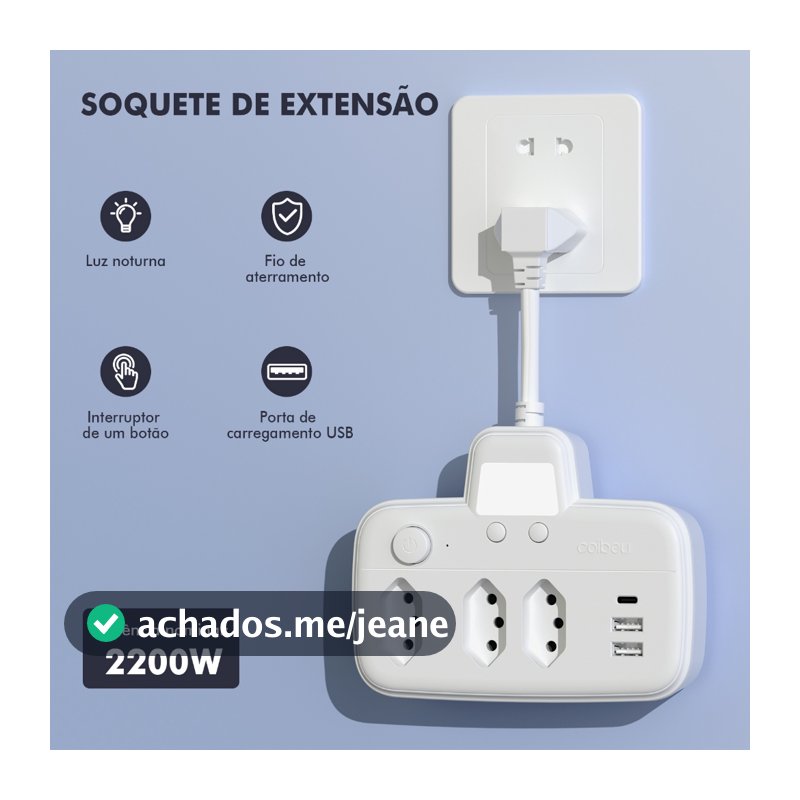 COIBEU Tomada de extensão com tomada + USB + tomada Tipo-C, cofre e anti-choque elétrico 10 cm