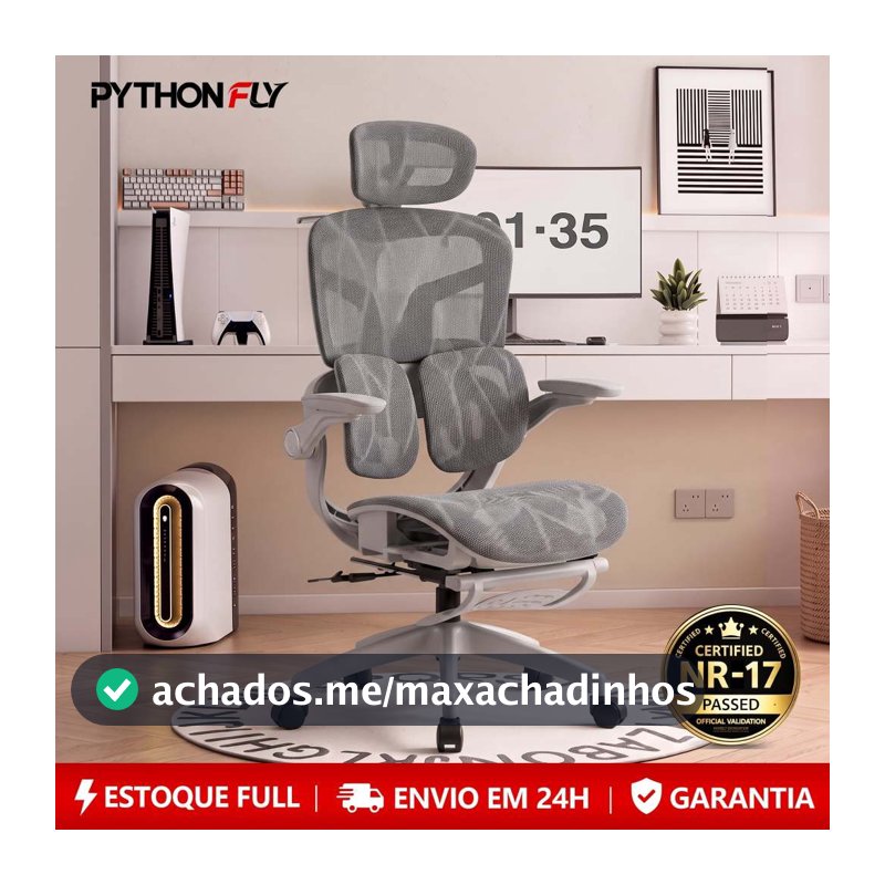 Cadeira Ergonômica com Encosto 4D e Coluna S – Mesh Respirável, 3 Posições, Ajuste de Altura, Ideal para Home Office