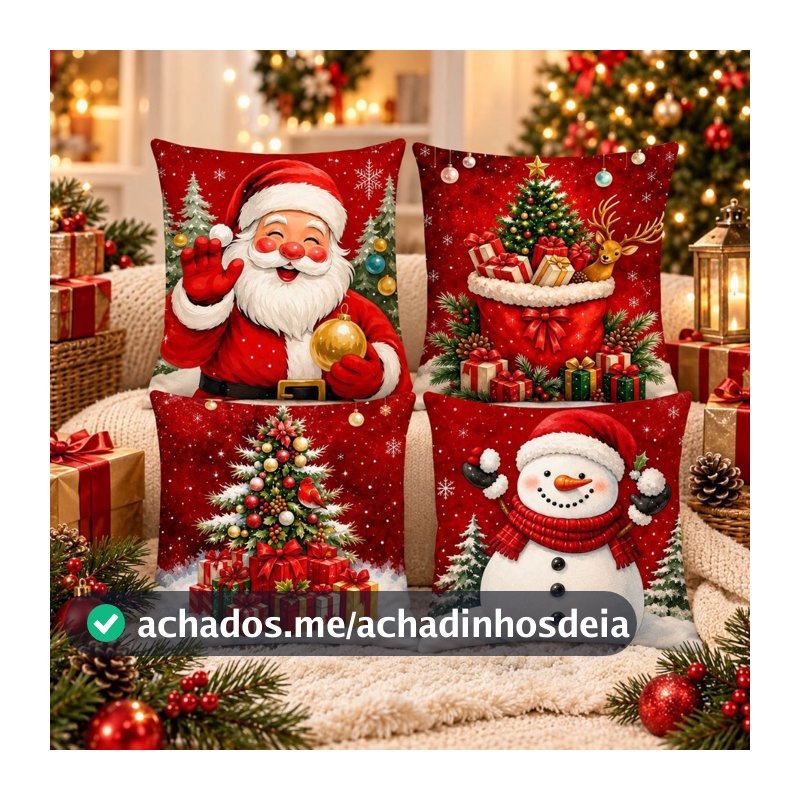 Almofadas Decorativas de Natal Kit 4 Capas Papai Noel Feliz Natal 45x45 cm