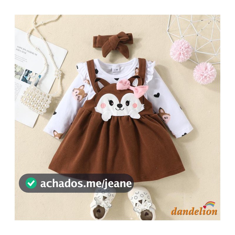 0-18 Meses Conjunto De Roupas Para Meninas Bebês , Romper Ruffle De Manga Longa E Fox Print Suspender Saia Fita De Cabeça