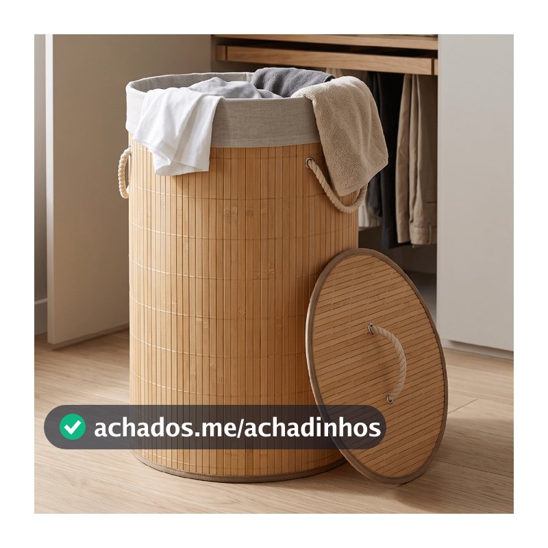 Cesto De Roupa Suja Bambu Dobrável Redondo 57L Grande Organizador Forrado Tampa Alças Banheiro Lavanderia Multiuso
