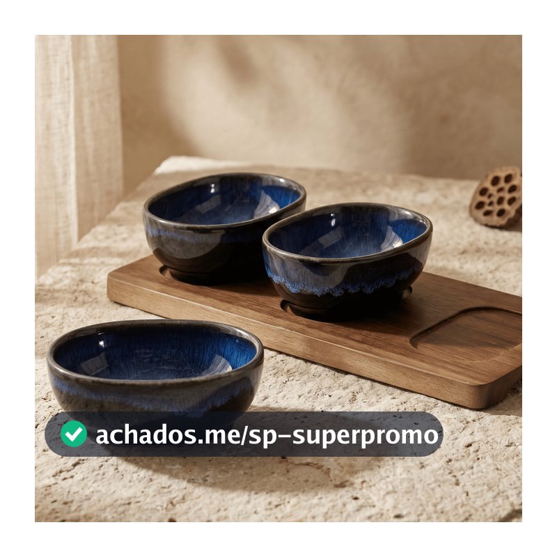 Petisqueira Cerâmica Azul com Tábua Madeira 3 Bowls Removíveis 24cm Jogo Servir Luxo Molheira