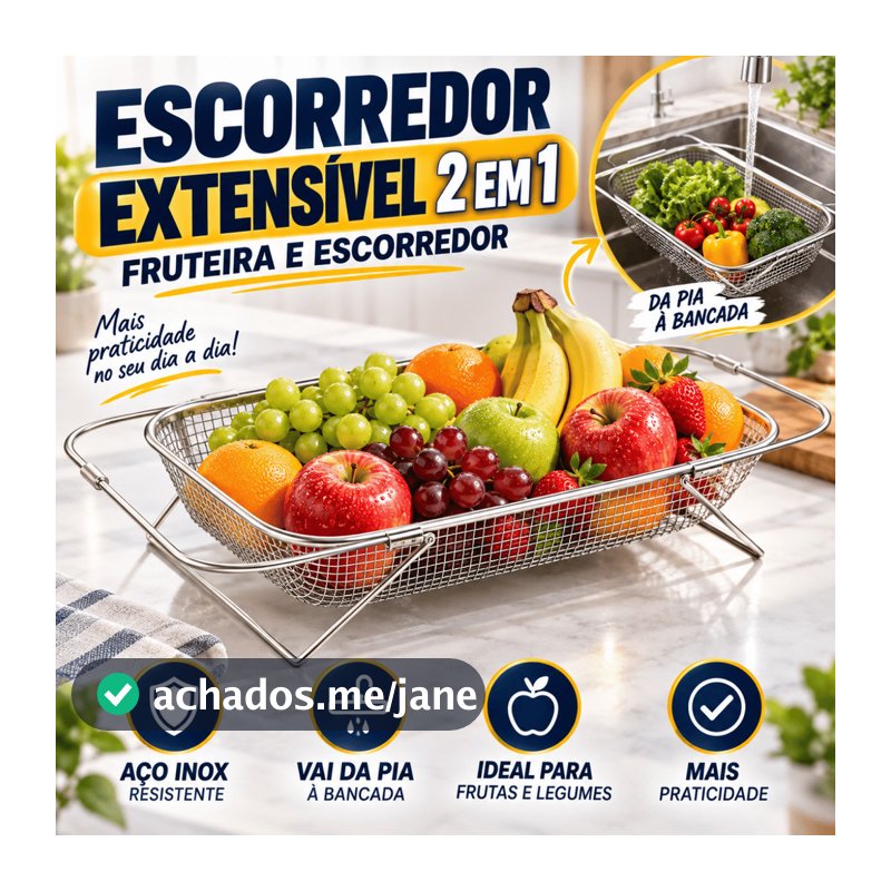 Escorredor De Pia Inox Lava Frutas Alça Retrátil Fruteira Alimentos Escorredor De Macarrão