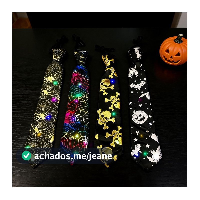 Gravata LED Fantasia Dia das Bruxas Estampada Ajustável para Festa e Cosplay Preto - Aranha Dourada
