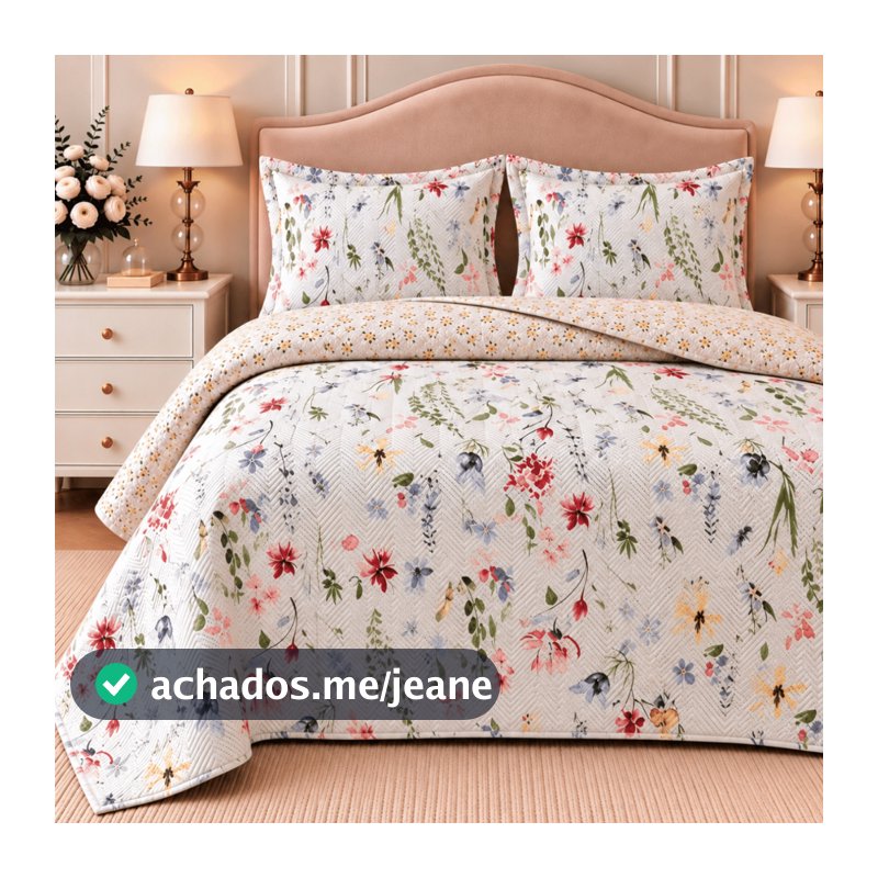 Kit Cobre Leito Colcha Solteiro Casal Queen King Floral Dupla Face Estampada Bouti Matelado Fronha