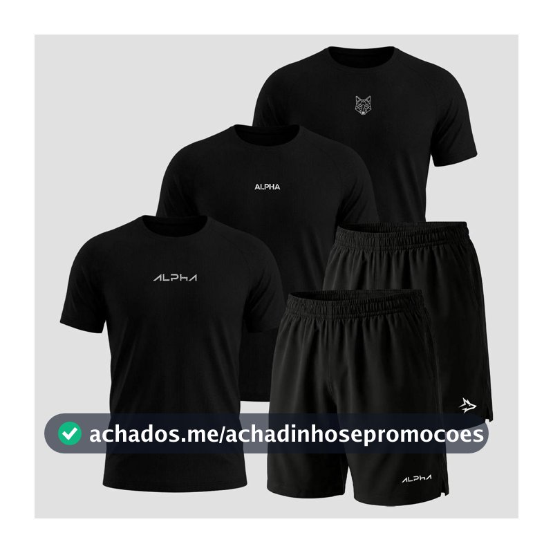 Kit 5 Peças All Black Dry 3 Camisetas e 2 Bermudas Alpha Co