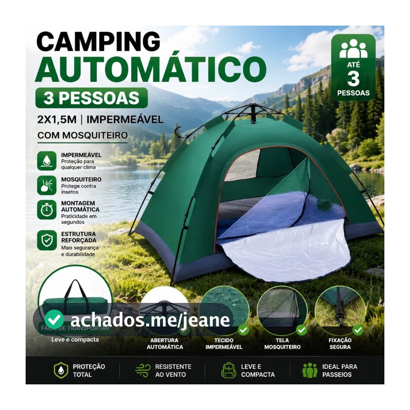 Camping Automático 3 Pessoas Barraca 2x1,5m Impermeável com Mosquiteiro