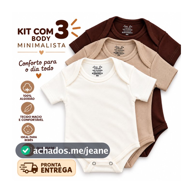 Kit 3 Body Bebê Manga Curta 100% Algodão Suedine  Minimalista Menino Enxoval RN Recem  Nascido Neutro Unissex