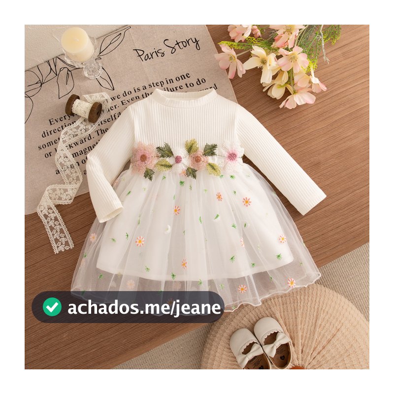 Vestido Infantil De Manga Comprida Com Flores Bordadas De Gaze Roupas Frias Para Bebês