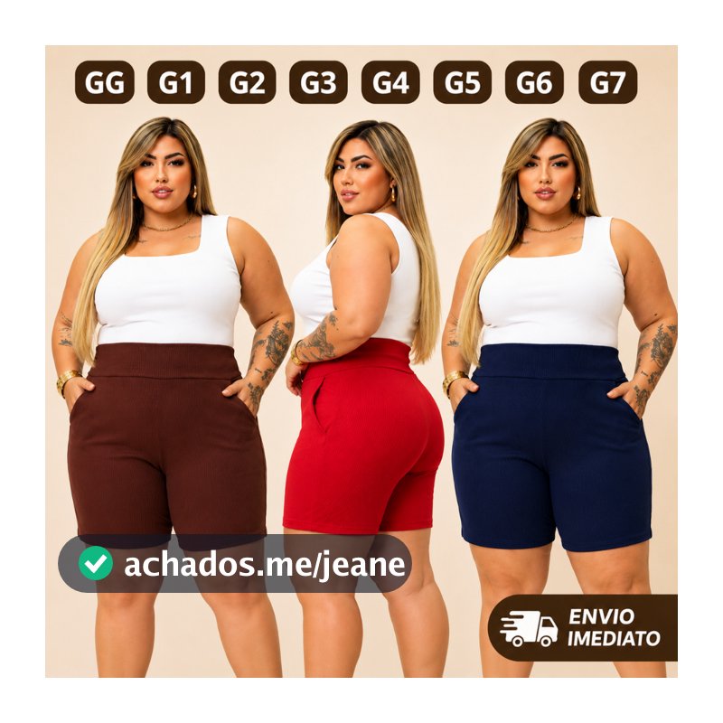 Shorts Feminino Plus Size G1 ao G7 Cintura Alta Com Bolso Malha Canelada Alta Elasticidade Plus de V