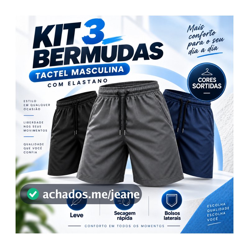 Kit 3 Bermudas Tactel masculino com Elastano