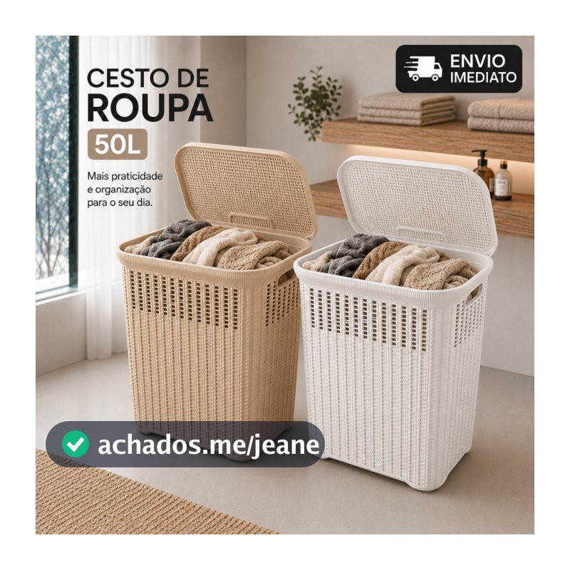 Cesto de Roupas Sujas Rattan 50L com Tampa Basculante