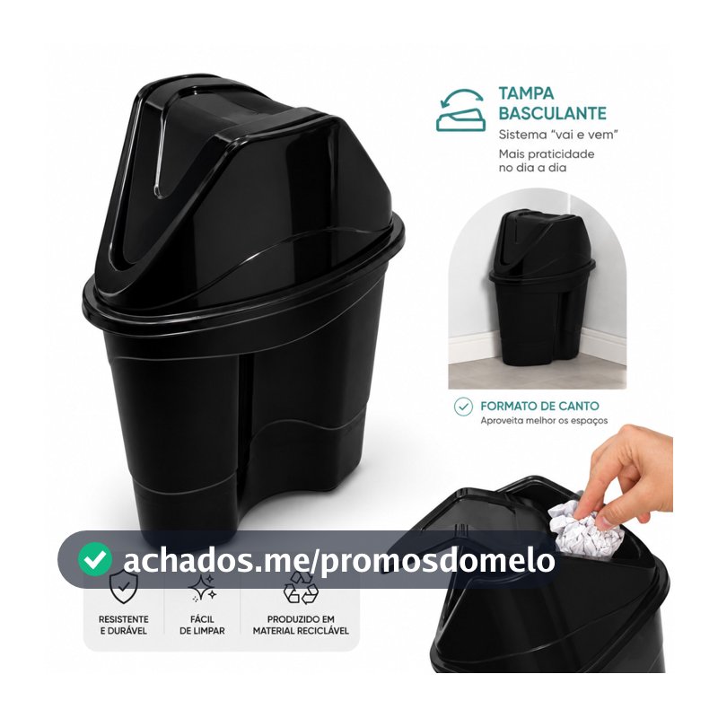 Lixeira De Canto 36 Litros Grande Tampa Basculante Lixo De Quintal Externo Preto Resistente Banheiro