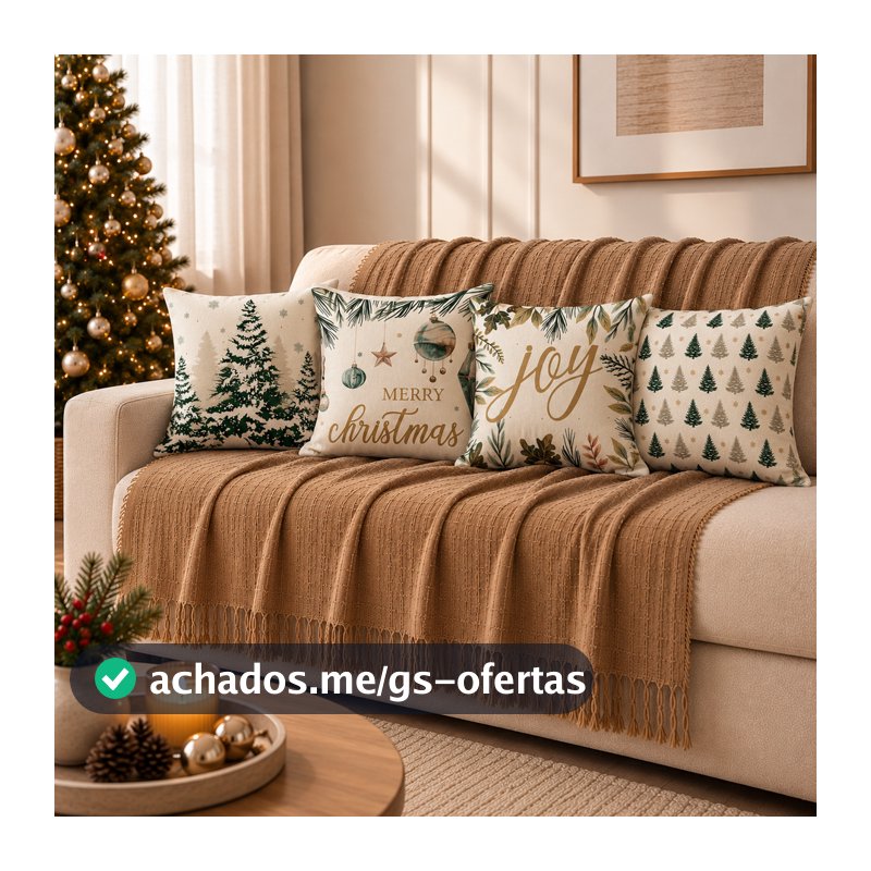 Kit Manta Decorativa 1,40x1,70 + 4 Capas de Almofada Natal 43x43 para Sala e Sofá Decoração Natalina