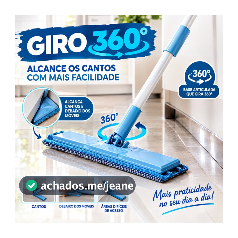 Mop Clip Celeste Gira 360° com 2 Refis Microfibra Limpeza Piso Banheiro Cozinha