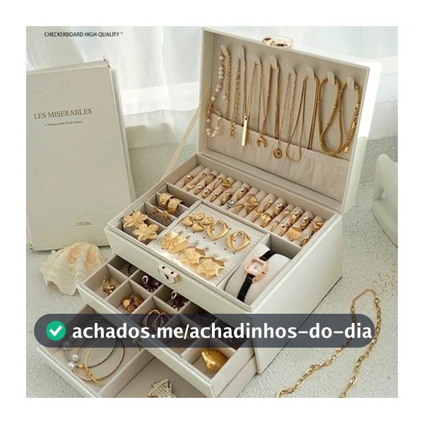 Porta Joia Caixa Organizadora De Jóias Feminina Em Couro Com Duas Camadas/Anéis/Colar Fecho Q19