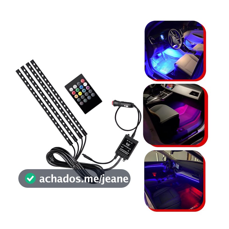 Kit Para Iluminação Interior Carro Luz Led Neon Rgb C/controle Sensor Rítmico 12v 4 Faixas de Luz