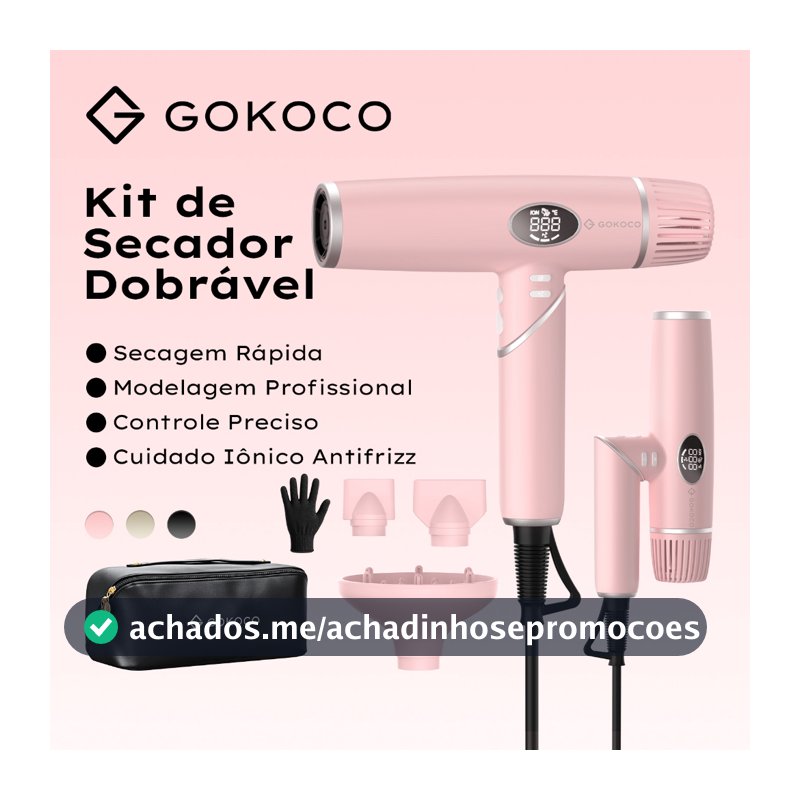 GOKOCO 3 em 1 Kit de Secador Dobravel Secagem Rapida Modelagem Profissional Cuidado Ionico Antifrizz Bivolt 110-220V