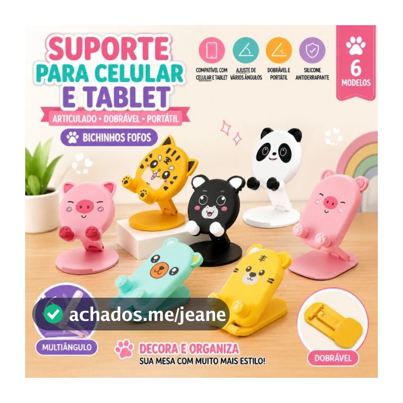 Suporte para Celular e Tablet Articulado Dobrável em Silicone | Porta Celular de Mesa Antiderrapante Bichinhos Fofos